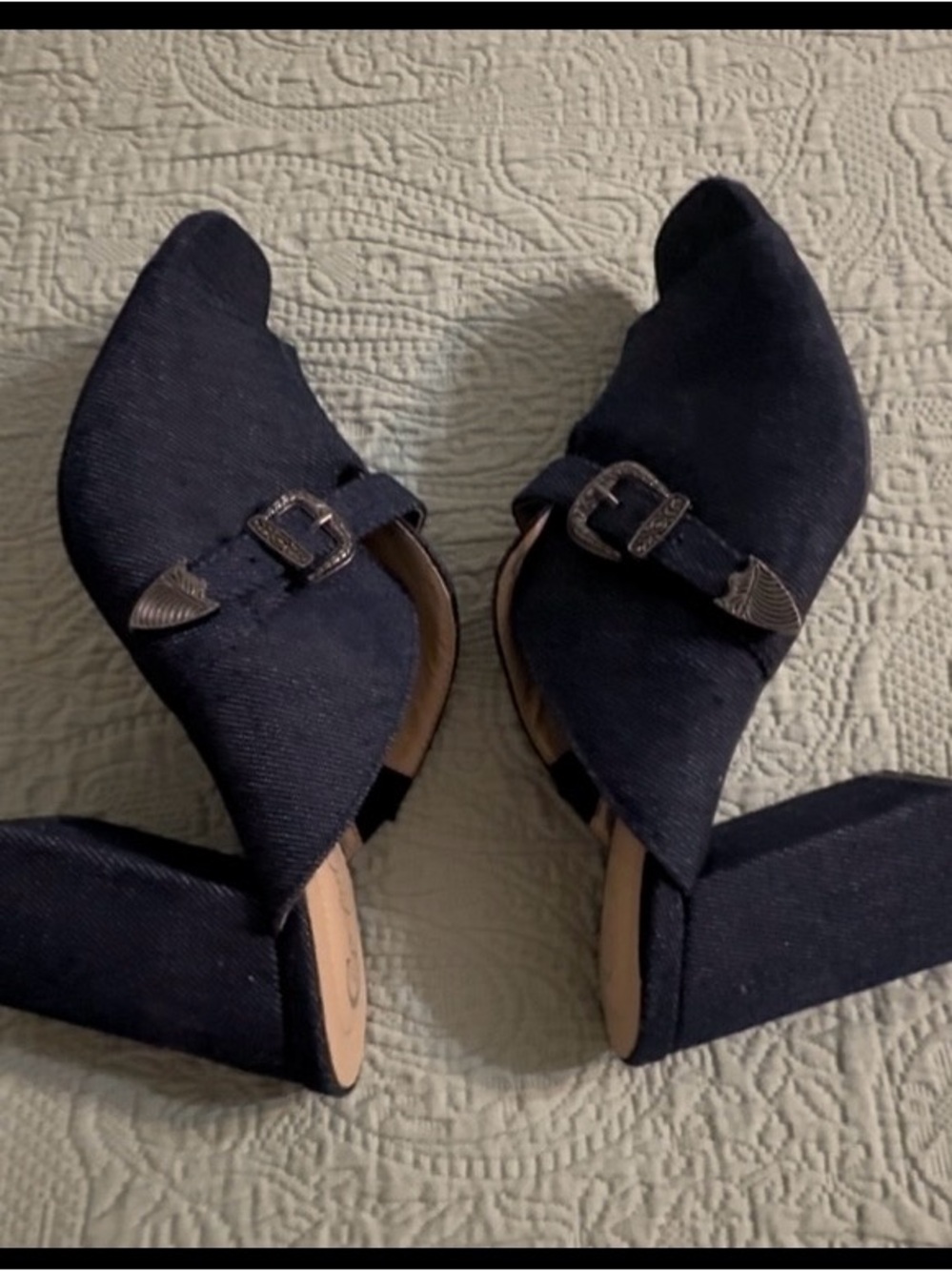 Comfort brand denim mules, sz 8, silver buckles, worn 4x, used barely.